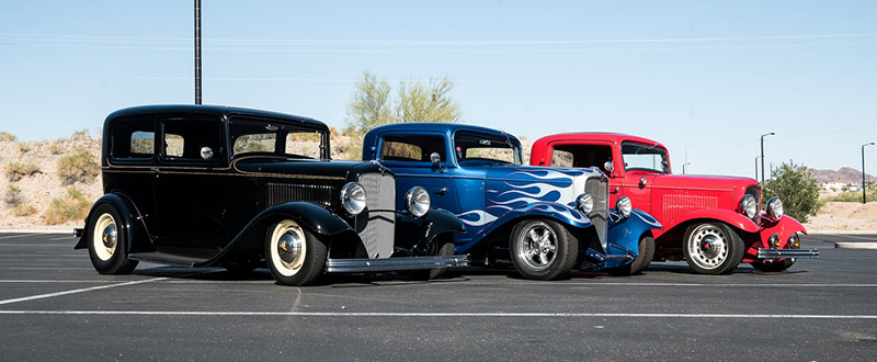 Three 1932 Ford Coupes parked together in Lake Havasu City